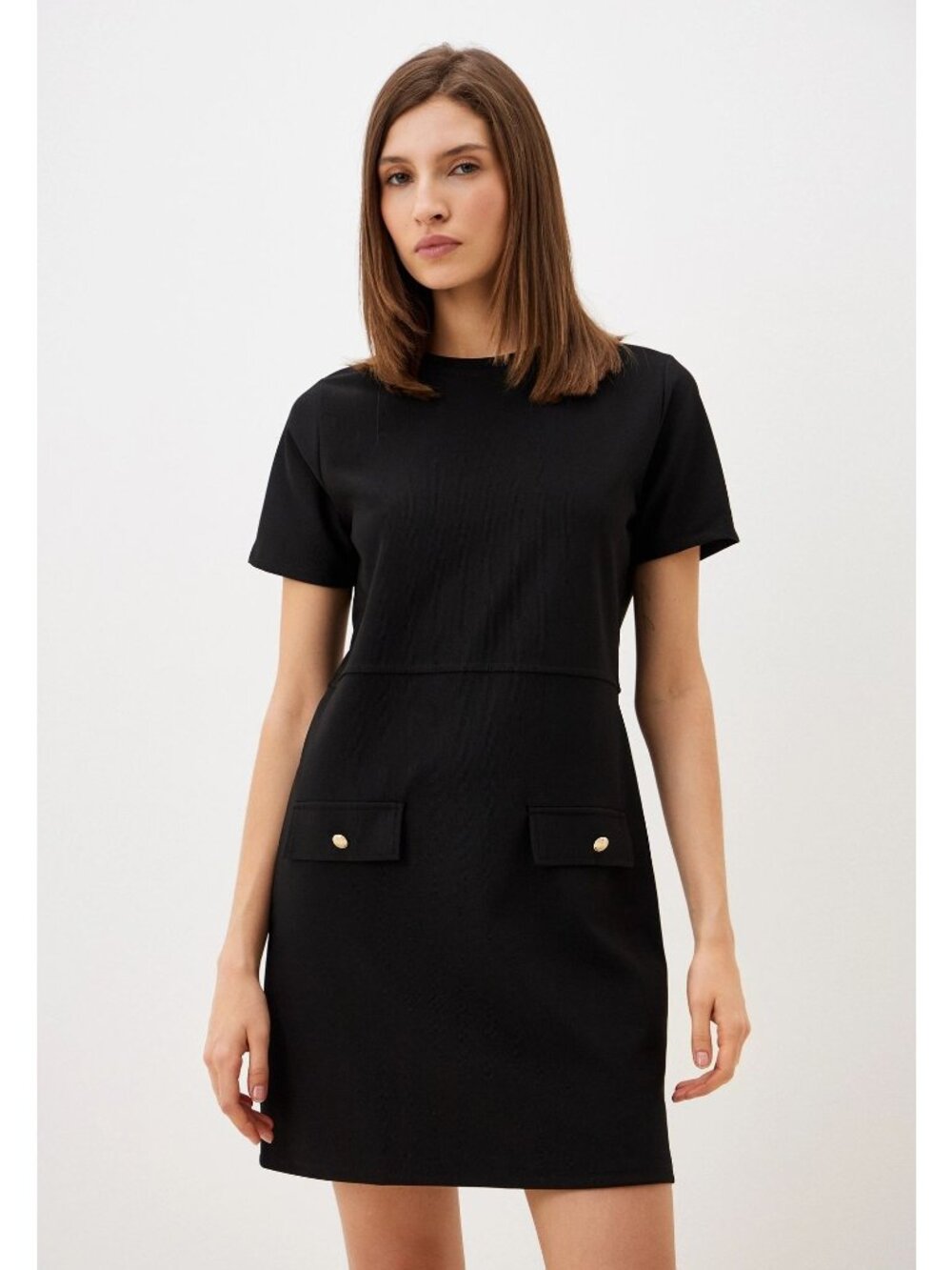 Zara Shift Dress Size Large Faux Suede Black Short Sleeve Front Flap Pockets